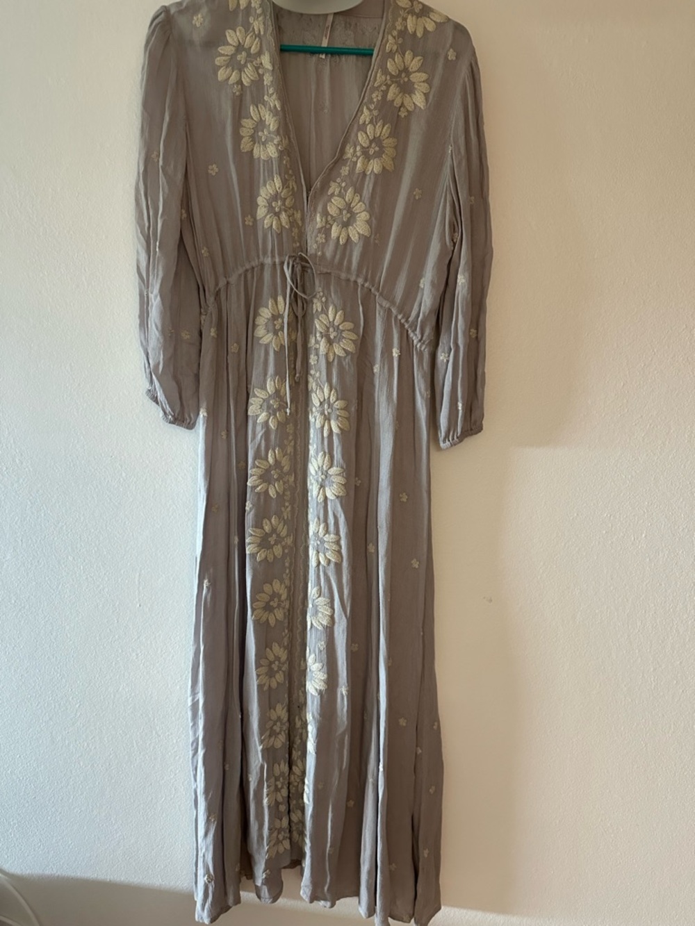 Free People maxi dress small, long sleeve light grey, with embroidered flowers
